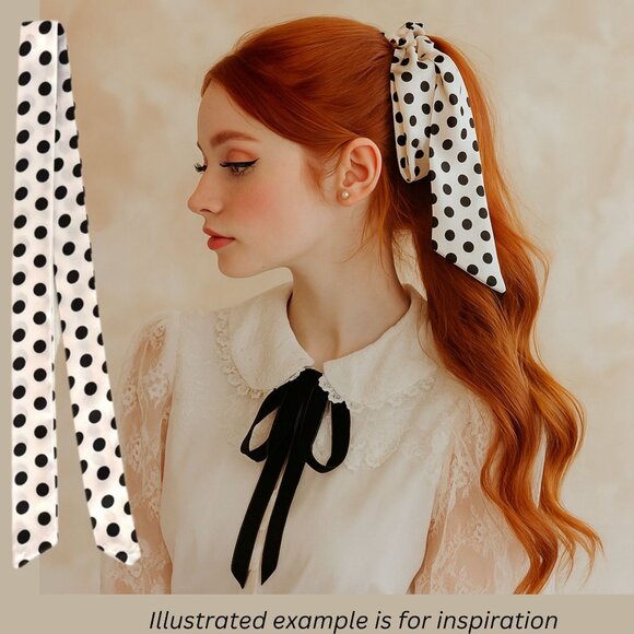 Polka Dot Slim Silk Scarf 34in White Black Retro Coquette Pinup Style No23 - Picture 7 of 8